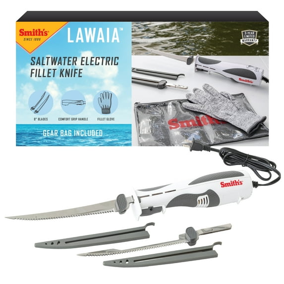Smith’s 51233 Lawaia Electric Fillet Knife – 2 Removable 8” Serrated Stainless Steel Blades, Protective Sheath, Fillet Glove & Storage Bag Included - Fishing & Hunting - 6ft Power Cord