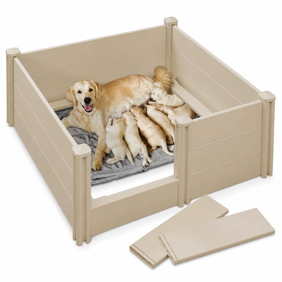 SmithBuilt 48" x 48" x 18" Whelping Box for Dogs and Puppies, Heavy Duty Whelping Pen and Birthing Box with Rails, Brown