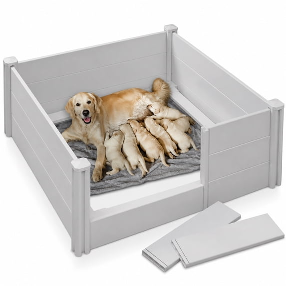 SmithBuilt 48" x 48" x 18" Whelping Box for Dogs and Puppies, Heavy Duty Whelping Pen and Birthing Box with Rails, Gray