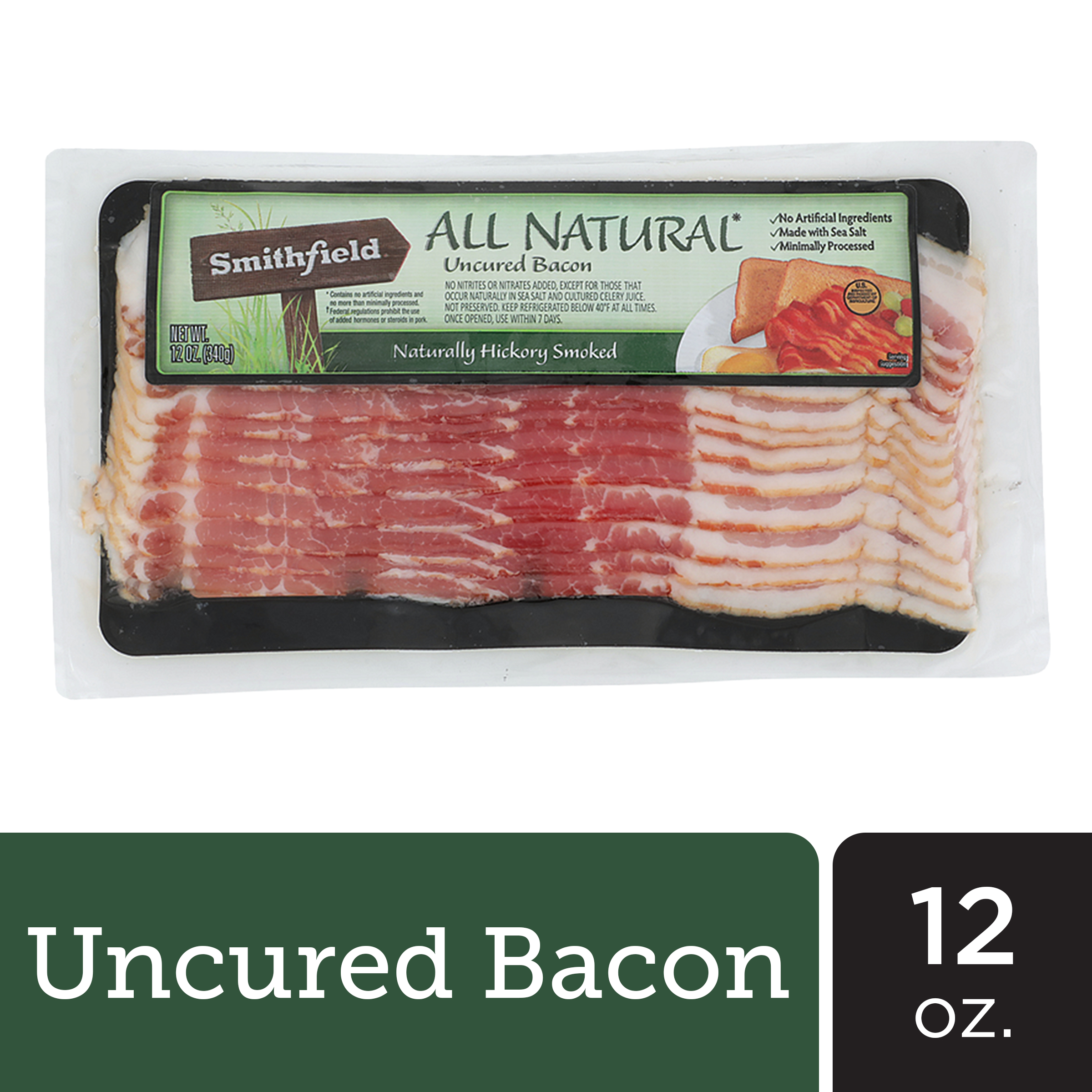 Smithfield All Natural Uncured Hickory Smoked Bacon, 12 oz - image 1 of 9
