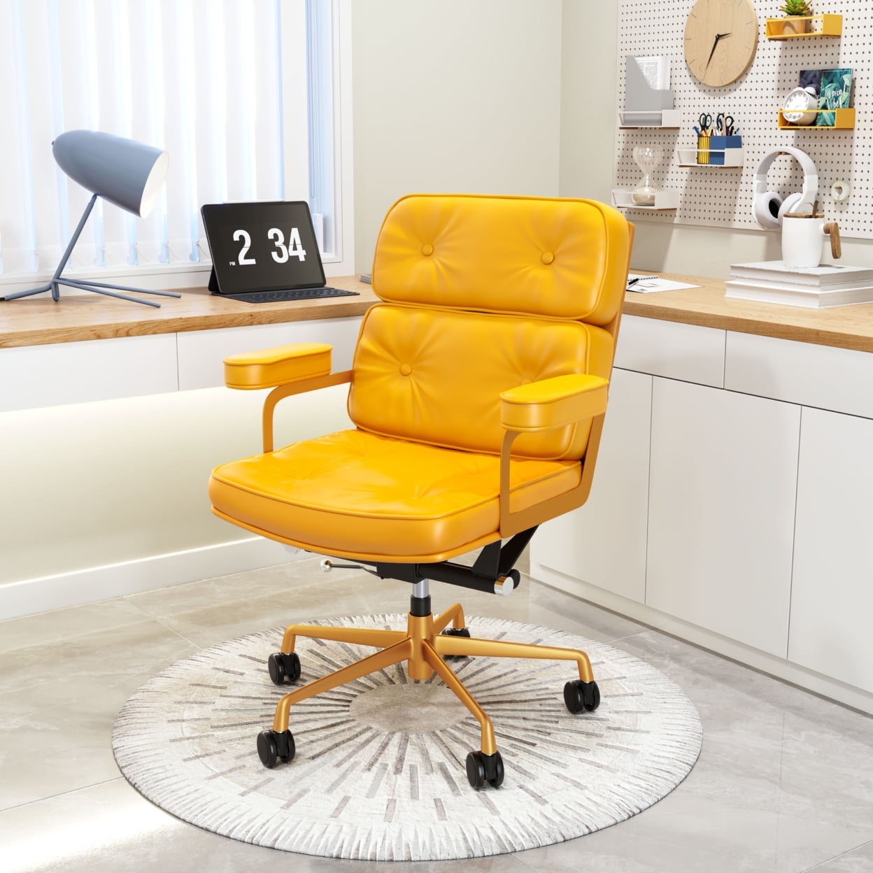 Yellow Leather Swivel Office Chair with Metal Frame