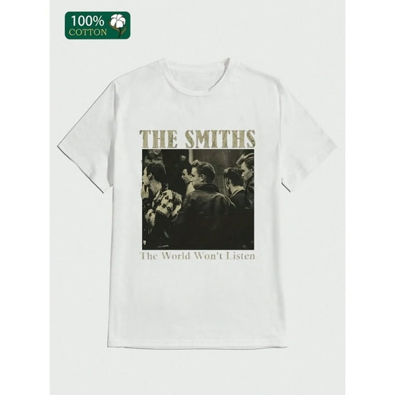The Smiths The World World Won't Listed T-Shirt  Casual Print, Comfortable and Versatile, Letter Pattern Pure Cotton 220g Printed T-shirt 100%  Cotton