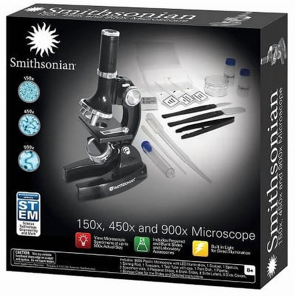 Smithsonian Institution 150x, 450x and 900x Battery Powered Microscope Science Set, Plastic Black