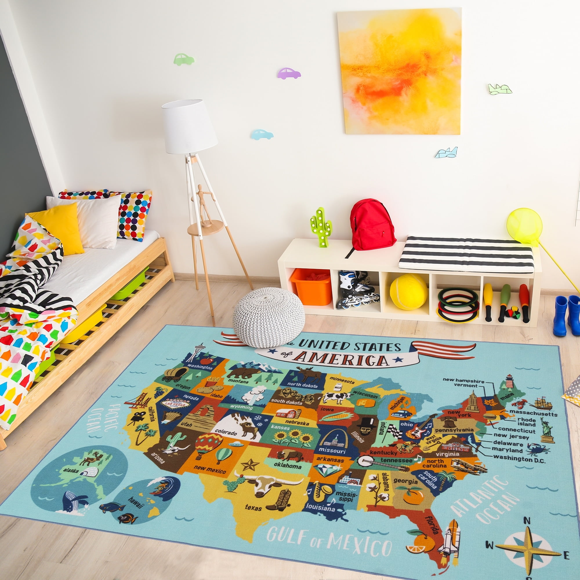 Smithsonian Kids Digital Kids USA Map Play Rug Youth Printed Map Indoor Area Rug, 6x9