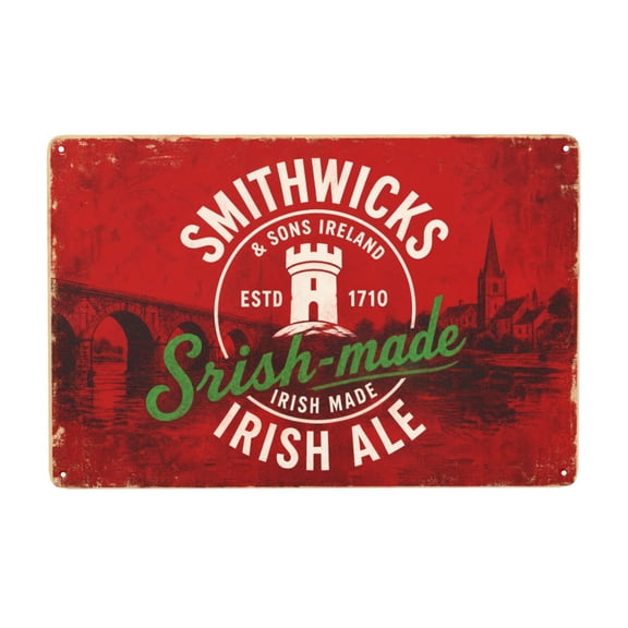 Smithwicks Irish Ale Metal Wall Decor Sign 8X12 Inch - Vintage Style Plaque with Pre-Drilled Holes for Easy Hanging, Rustic Irish Made Design - Indoor Outdoor Weather Resistant Home Bar Decor