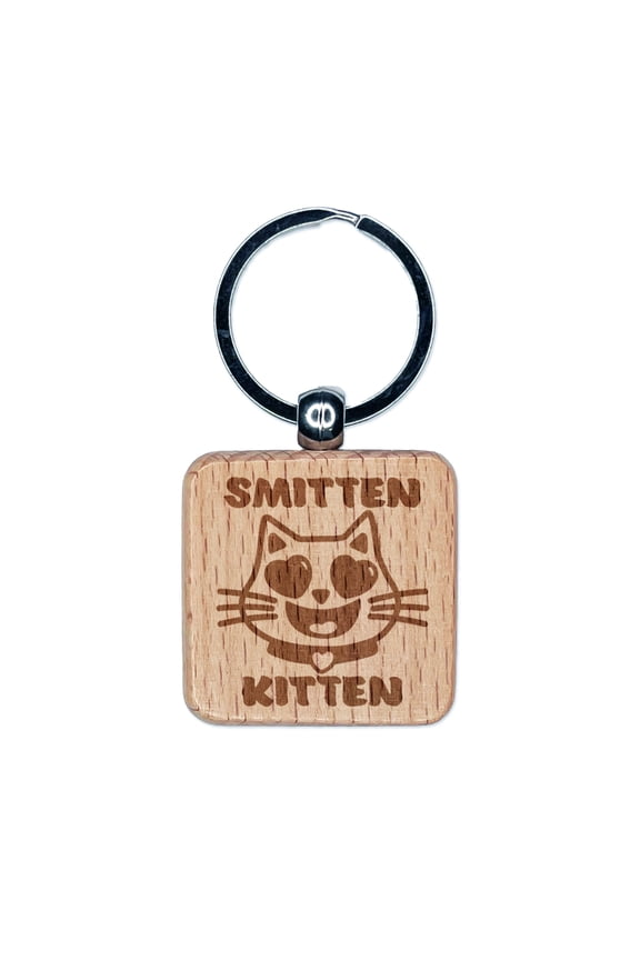 Smitten Kitten Love Anniversary Valentine's Day Square Keychain Charm Tag - Engraved Wood