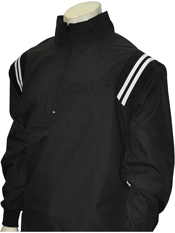 BBS322 Long Sleeve Microfiber Shell Pullover Half Zipper Umpire Jacket with an Open Bottom (Black/White, Large)