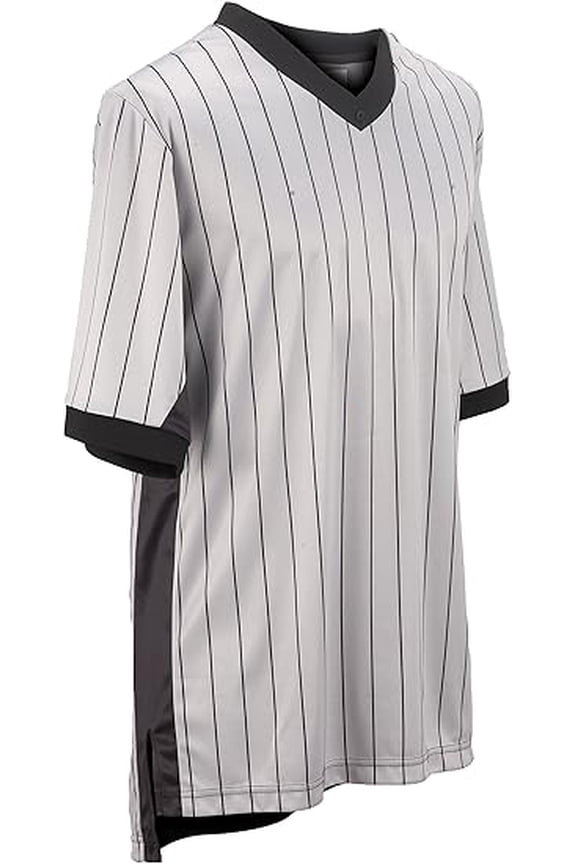 BKS206 Men's Grey Elite Performance Interlock V-Neck Basketball Referee Shirt with Black Side Panel (Large)