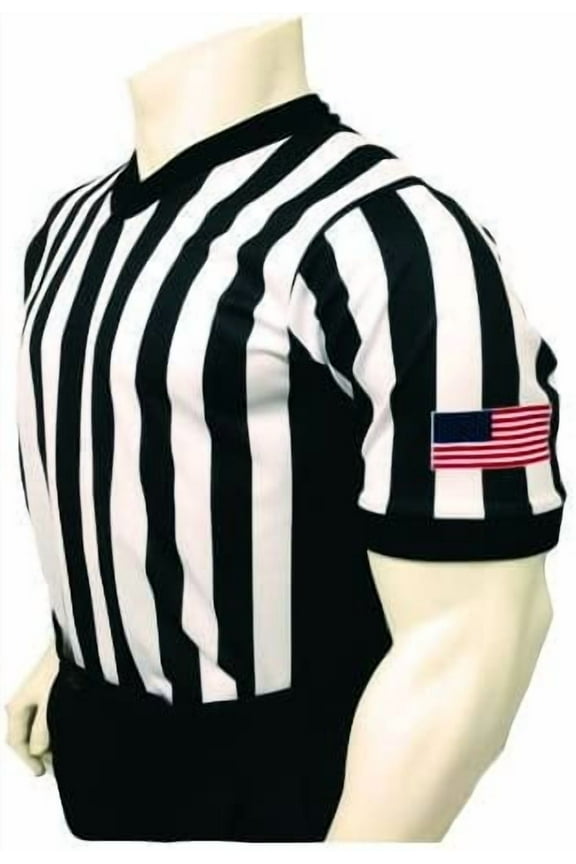 USA201 Men's Basketball Referee Shirt with Black Side Panel and USA Flag, Made in the USA, Large