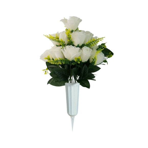 Smke Artificial Cemetery Flowers,1 Sets Artificial Rose Flowers With Vase,Memorial Flowers Bouquet For Cemetery,Outdoor Grave Headstones Decoration,Grave Decorations For Cemetery,Grave Flowers