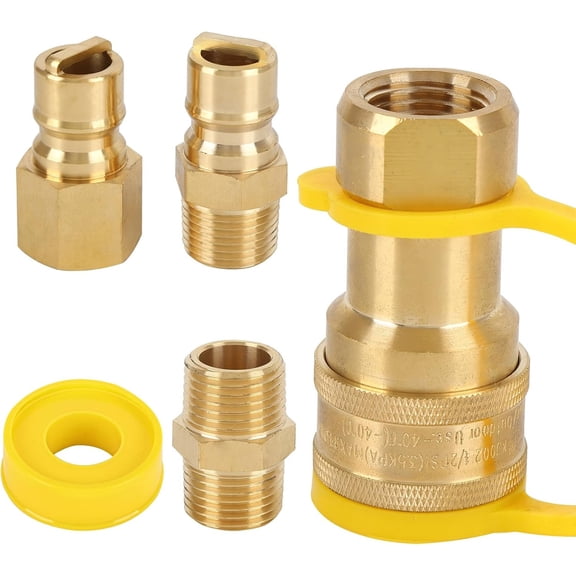 Smlper 1/2 Inch QDD LP Natural Gas Quick Connect Fittings Kit, 1/2 Quick Connect Natural Gas Propane Quick Connects Fittings, 100% Solid Brass with Dust Cover