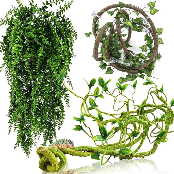 Smlper 4 Pcs Reptile Vines, Flexible Jungle Climbing Vines Terrarium Plastic Plants and Leaves Tank Accessories Decor for Gecko Snake Lizard Bearded Dragon Hermit Crab Frog