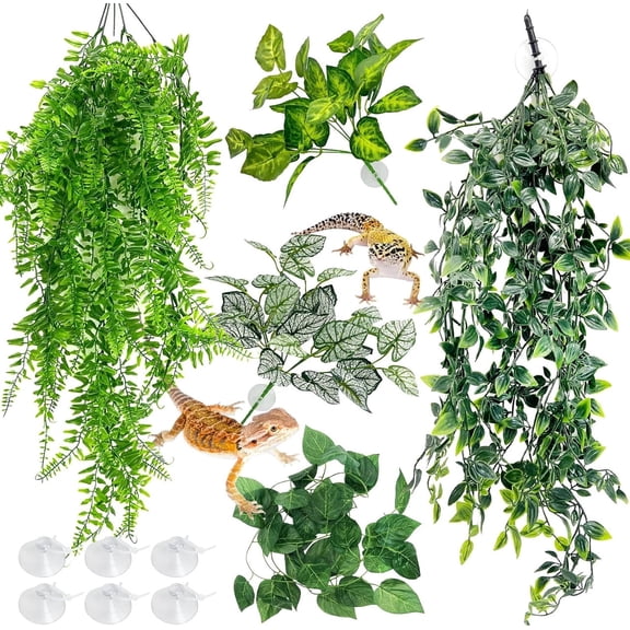 Smlper 5 Pack Reptile Plants Terrarium Hanging Fake Plant Leaves, Bearded Dragon Tank Accessories, Habitat Decor for Snake Leopard Gecko Lizard Chameleon Spider Turtle