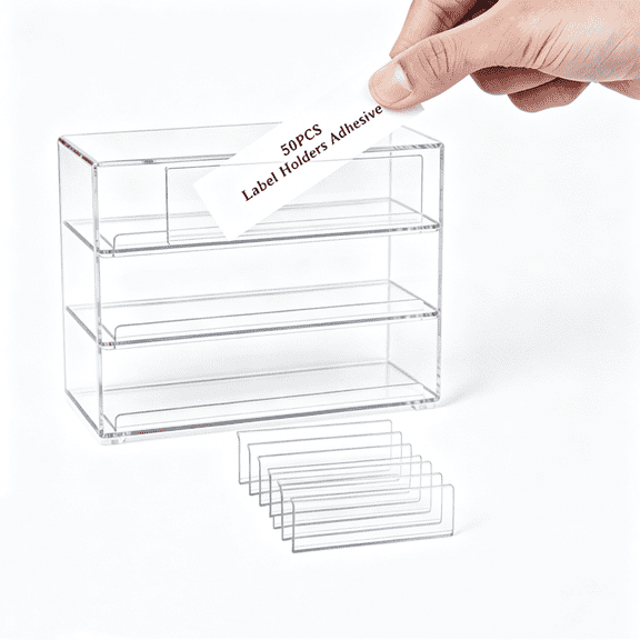Smlper 50 Pack 4" x 1" Shelf Tag Label Holders, Adhesive Clear Shelf Tag Index Card Pockets, Plastic Drawers File Cabinet Storage Bins Label Holder for Supermarket, School, Library, Kitchen