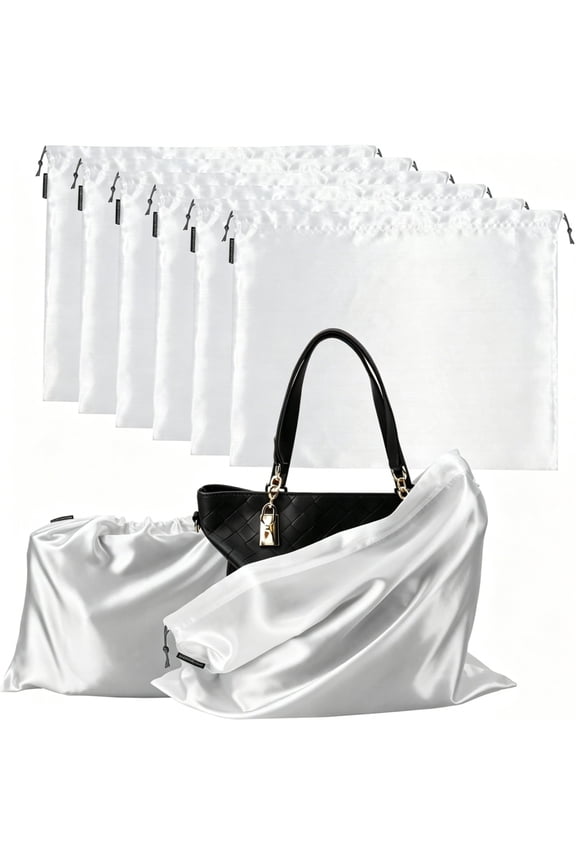 6 Pack Silk Drawstring Dust Bags, 23.6 × 19.6 Inch White Dustproof Storage Pouches, Protective Cover for Handbags, Purses, Boots & Shoes for Travel & Closet Organizer