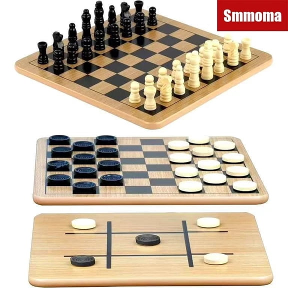Smmoma Chess games - Reversible Wooden Board for Chess, Checkers - 24 Interlocking Wooden Checkers and 32 Standard Chess Pieces - for Age 8 to Adult for Family Fun