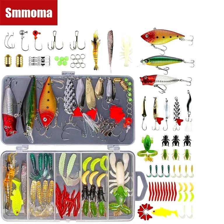 Smmoma Fishing Lures Kit for Freshwater Bait Tackle Kit for Bass Trout Salmon Fishing Accessories Tackle Box Including Spoon Lures Soft Plastic Worms Gifts for Men