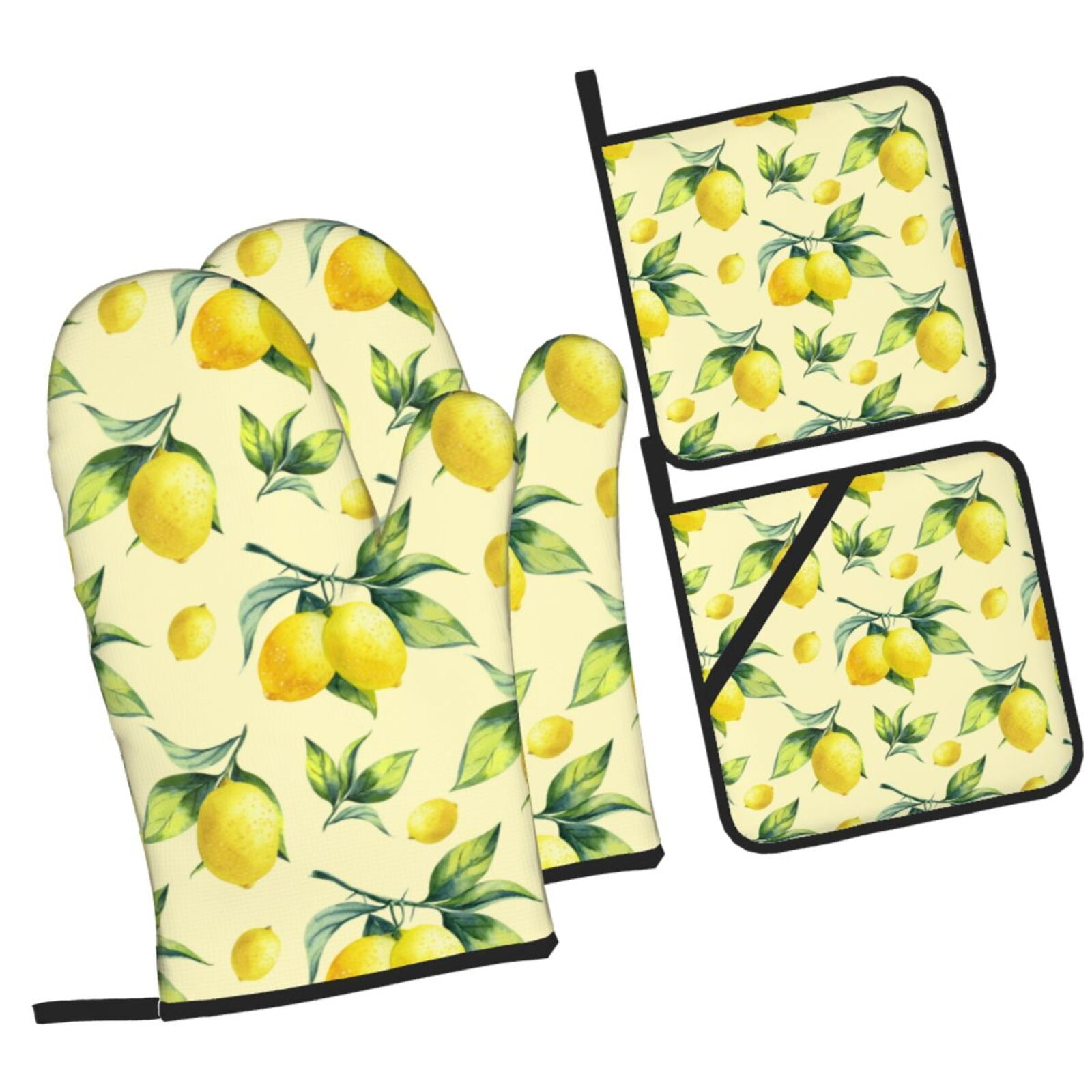 Lemon Print Yellow Cotton Oven Mitts and Pot Holders Set