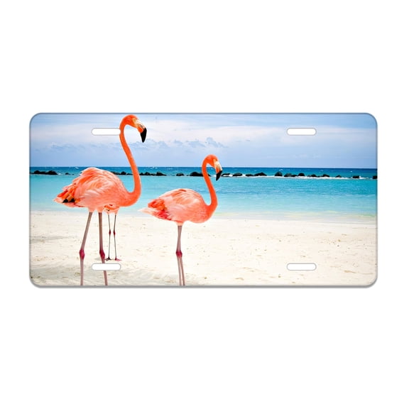 Smoaffly Flamingo Strolling on the Beach License Plate Decorative Car Front, Decorative Car Front, Metal Car Plate, License Plate, Vanity Tag, Aluminum Novelty License Plate for Men/Women 6×12 Inch