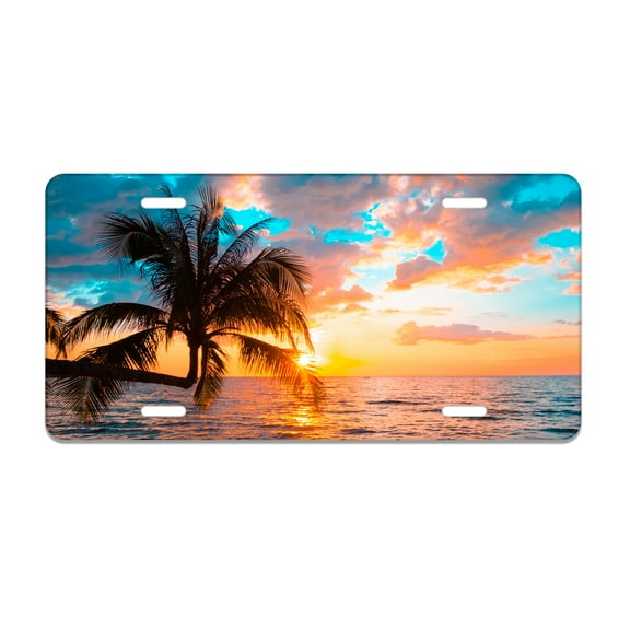 Smoaffly Sunset Decorative Car Front, Tropical Palm Trees Sea Beach Metal Car Plate, License Plate, Vanity Tag, Aluminum Novelty License Plate for Car 6×12 Inch