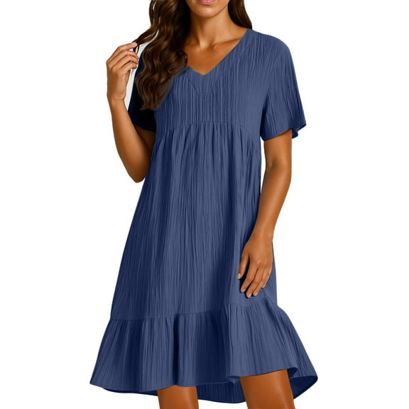 Smock Cute Dresses for Women Cotton Linen Ruffle Tiered Layered V Neck Flowing Midi Dresses Short Sleeve Knee Length Birthday Beach Dresses Navy 3XL