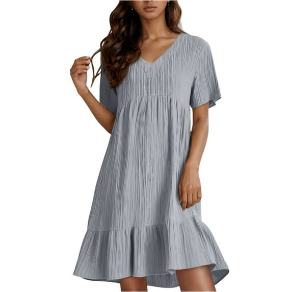 Smock Dresses for Women Boho Short Short Sleeve Knee Length V Neck Swing Pleated Dresses Ruffle Tiered Layered Cotton Linen Birthday A-Line Dresses Light Gray XL