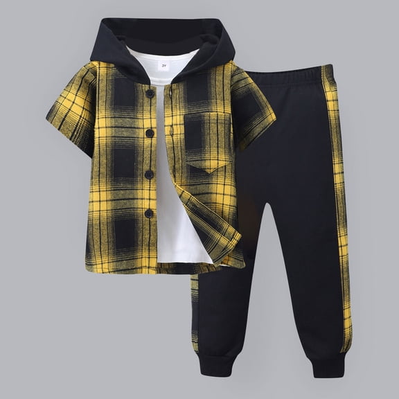 Smocked Baby Boy Clothes Winter Size 4-10 Years Toddler Boys Clothes Flannel Plaid Hooded Sweatshirt & Pants 2-Piece Set Boys Fall Winter Outfits Set
