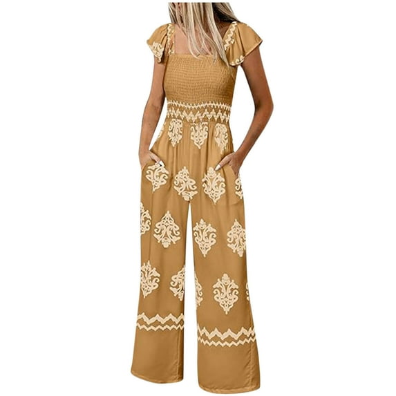 Smocked Boho Jumpsuit for Women High Waist Wide Leg Rompers Flutter Pockets Square Neck Cap Sleeve Beach Vacation Clothes, Yellow, XXL