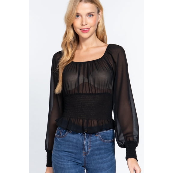 Smocked Chiffon Long Sleeve Top