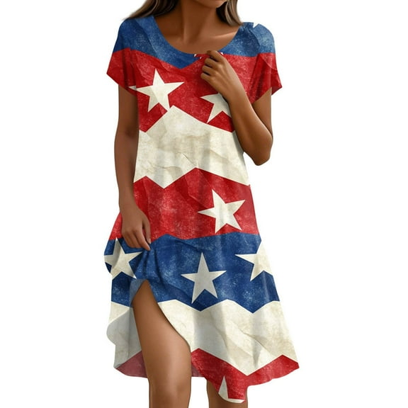 Smocked Dress Women, American Flag Casual T Shirt Dress With Pockets 4Th Of July V Neck Short Sleeve Boho Sundress Navy Blue Pants For Women Dressy Leggings Dresses Casual (M, Red) ZMTing