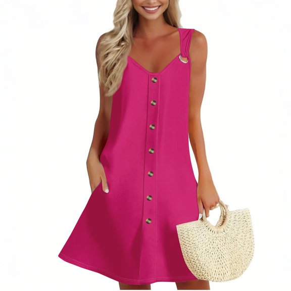 Smocked Dress Women, Tank Casual V Neck Sleeveless Button Down Beach Dress With Pockets Jumpsuits For Women Dressy Green Bodycon Maxi Dress Orange Linen Dresses Cocktail (L, Hot Pink) ZMTing