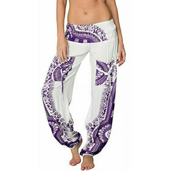 INGEAR Women’s Smocked Boho Harem Pants, Hippie Gypsy Print Yoga Trousers