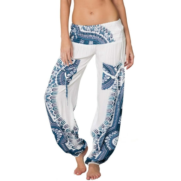 INGEAR Women’s Smocked Boho Harem Pants, Hippie Gypsy Print Yoga Trousers