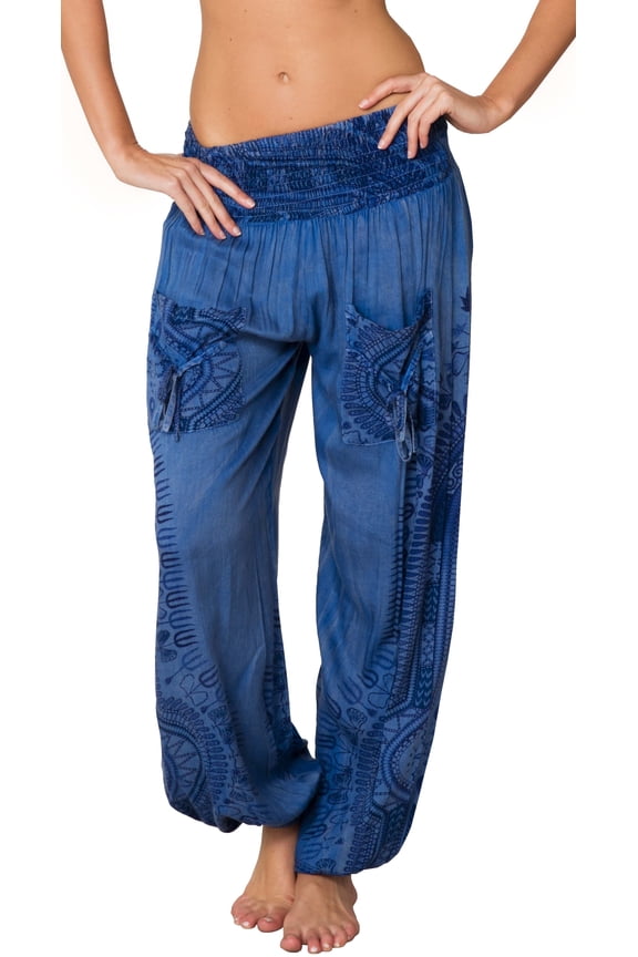 Women’s Smocked Boho Harem Pants, Hippie Gypsy Print Yoga Trousers