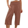 thumbnail image 1 of Smocked High Waist Capris for Women,Comfy Cotton Linen Wide Leg Cropped Pants Summer Loose Straight Casual Sweat Pants(M,Coffee 02), 1 of 4