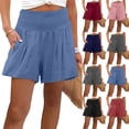 thumbnail image 1 of Smocked High Waist Cotton Linen Shorts for Women Casual Loose Fit Summer Vacation Beach Shorts Lightweight Breathable Side Pocket Shorts Light Blue XXL, 1 of 4