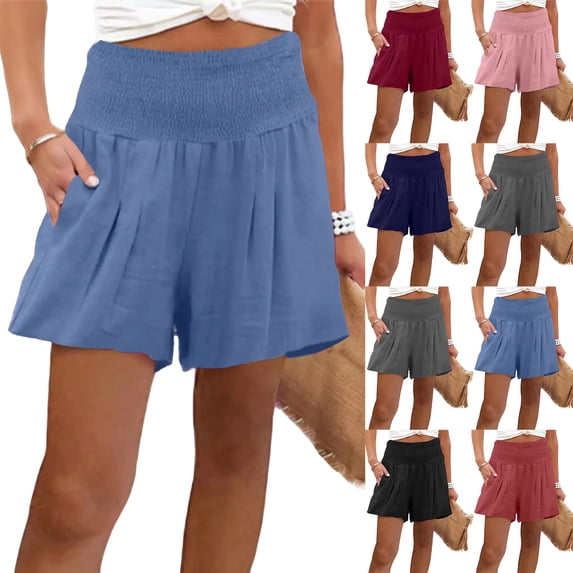 Smocked High Waist Cotton Linen Shorts for Women Casual Loose Fit Summer Vacation Beach Shorts Lightweight Breathable Side Pocket Shorts Light Blue XXL
