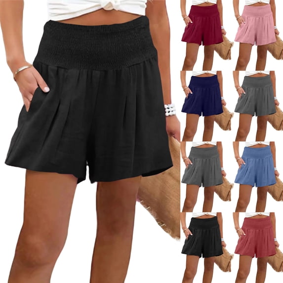 Smocked High Waist Cotton Linen Shorts for Women Casual Loose Fit Summer Vacation Beach Shorts Lightweight Breathable Side Pocket Shorts Black M