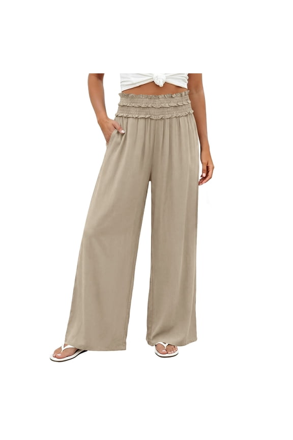 Smocked High Waist Wide Leg Cotton Pants Double Layer Ruffle Elastic Waist Palazzo Pants,Boho Flowy Summer Vacation Pants Beige