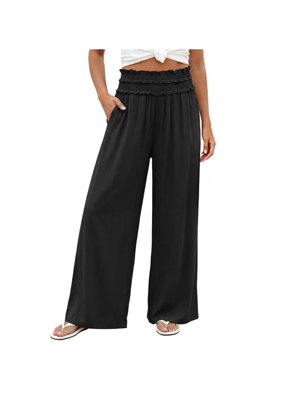Smocked High Waist Wide Leg Cotton Pants Double Layer Ruffle Elastic Waist Palazzo Pants,Boho Flowy Summer Vacation Pants Black