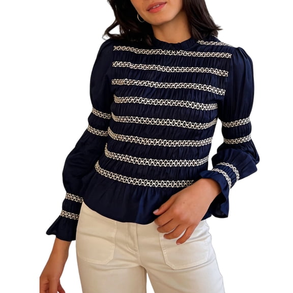 Smocked Long Sleeve Blouses for Women Mock Neck Women's Vintage Long Sleeve Peplum Shirt Tops for Travel awesome