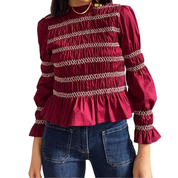 Smocked Long Sleeve Blouses for Women Mock Neck Women's Vintage Long Sleeve Peplum Shirt Tops for Travel everybody