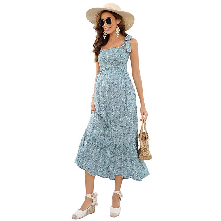 knee length dresses for ladies Floral Maternity Maxi Dress in Blue Floral Print > Shoulder Tie /Nursing  Friendly – Angel Maternity Australia main image 1