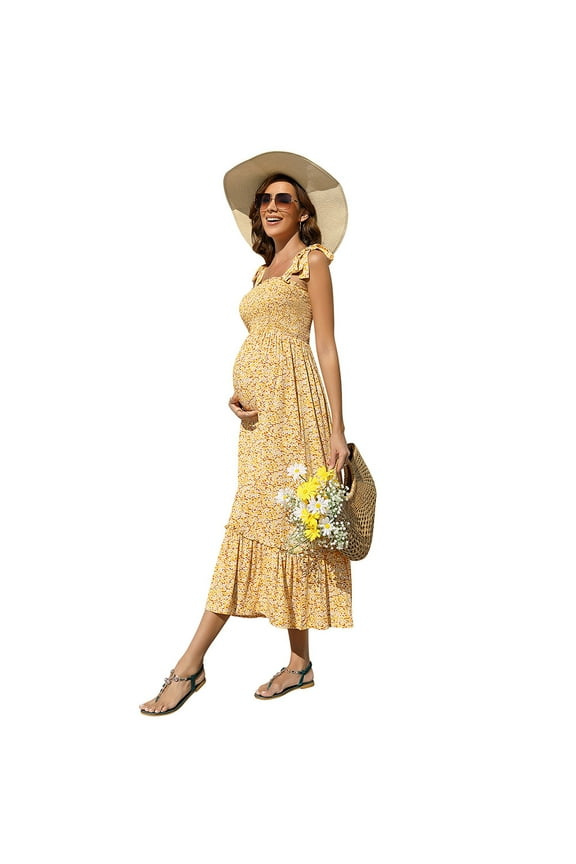 Smocked Maternity Boho Dress Casual Spaghetti Strap Ruffle Sleeveless Swing Summer Maxi Dress