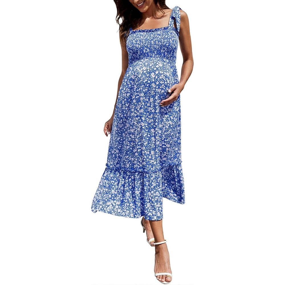 blue smocked maternity dress Liv Cotton Smocked Tiered Cami Maternity Maxi  haute bump