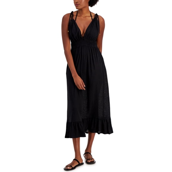 Miken Clothing Smocked Midi Dress Cover-up In Black
