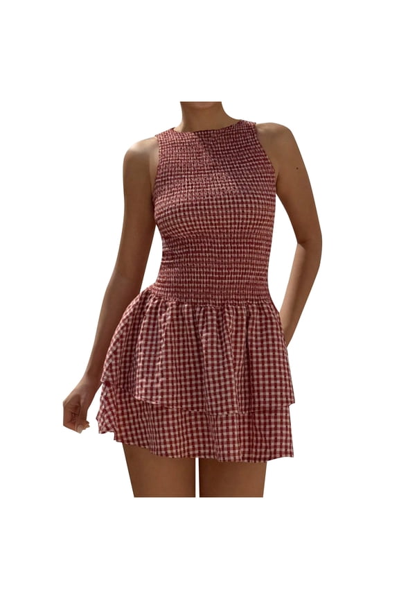 Smocked Mini Dress for Women Summer Cute Gingham Sleeveless Tiered Ruffle Hem Summer Dress. Casual Cute Checkered Dress for Beach, Holiday, Vacation & Daily Wear