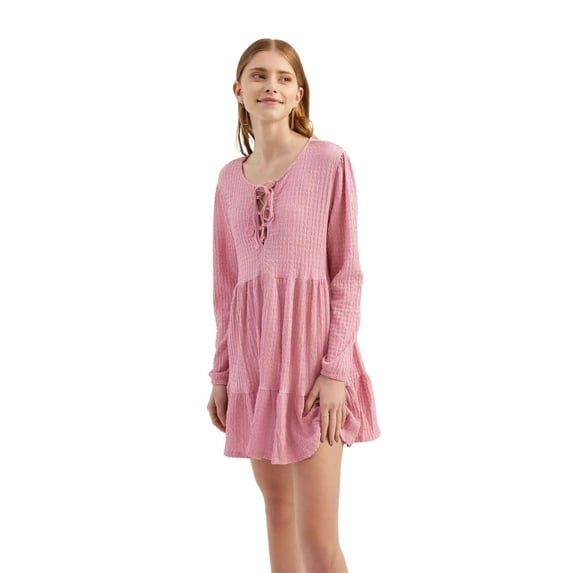 Smocked Round Neck Tie Front Tiered Long Sleeve Mini Dress