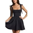 thumbnail image 1 of Smocked Ruched A Line Swing Dress Layered Tie Shoulder Flowy - Dress Black M, 1 of 7