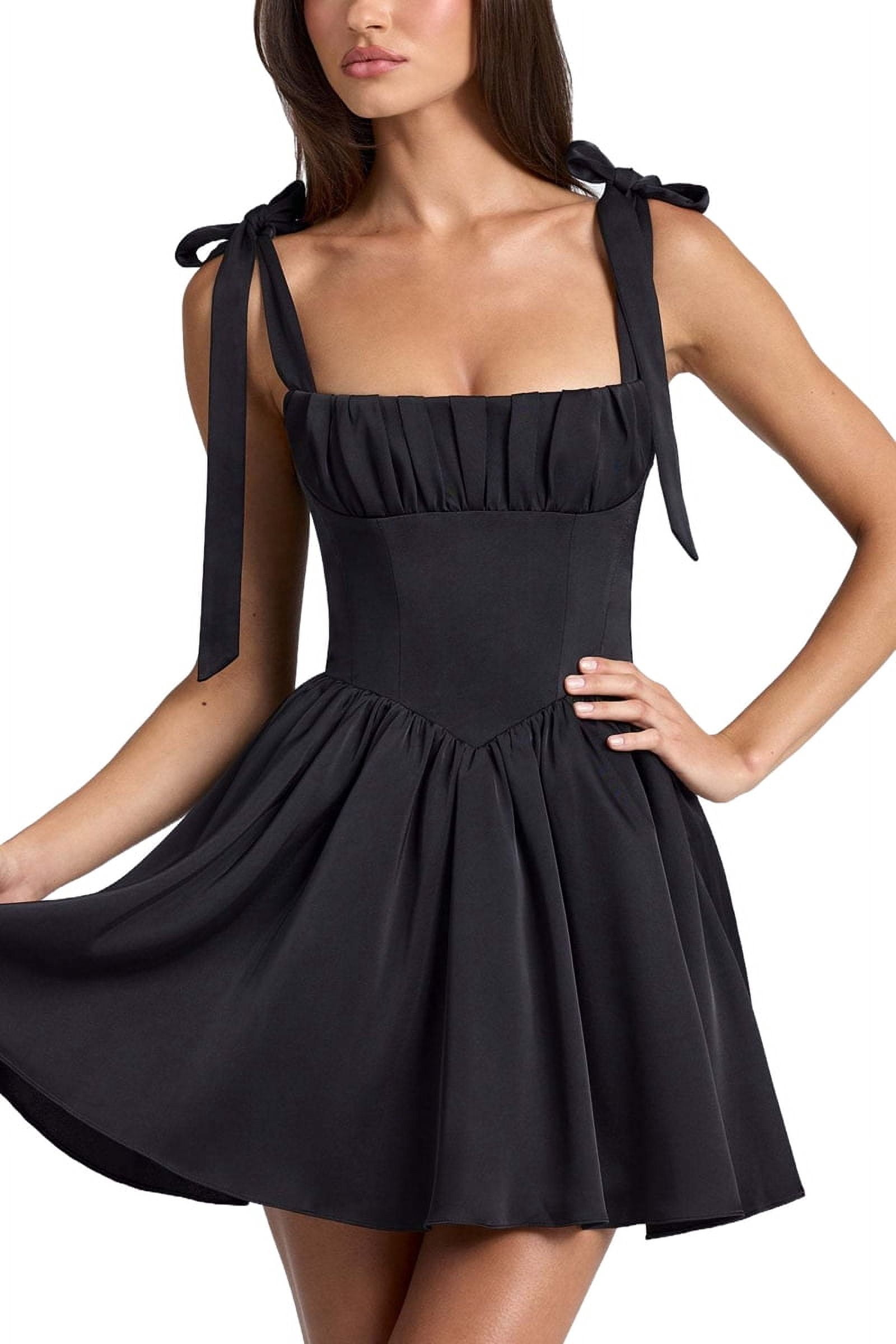 Smocked Ruched A Line Swing Dress Layered Tie Shoulder Flowy - Dress Black S